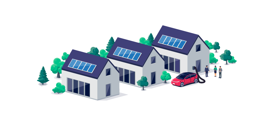 Illustration of a neighborhood with an electric car charging